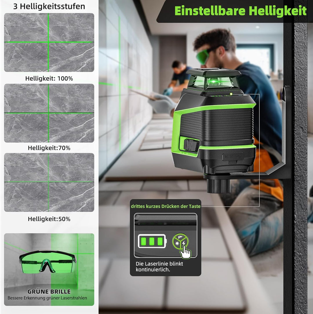 Huepar 360° Laser Wasserwaage mit 152 cm Stativ, Kreuzlinienlaser grün mit Pulsmodus, 3 Helligkeitss