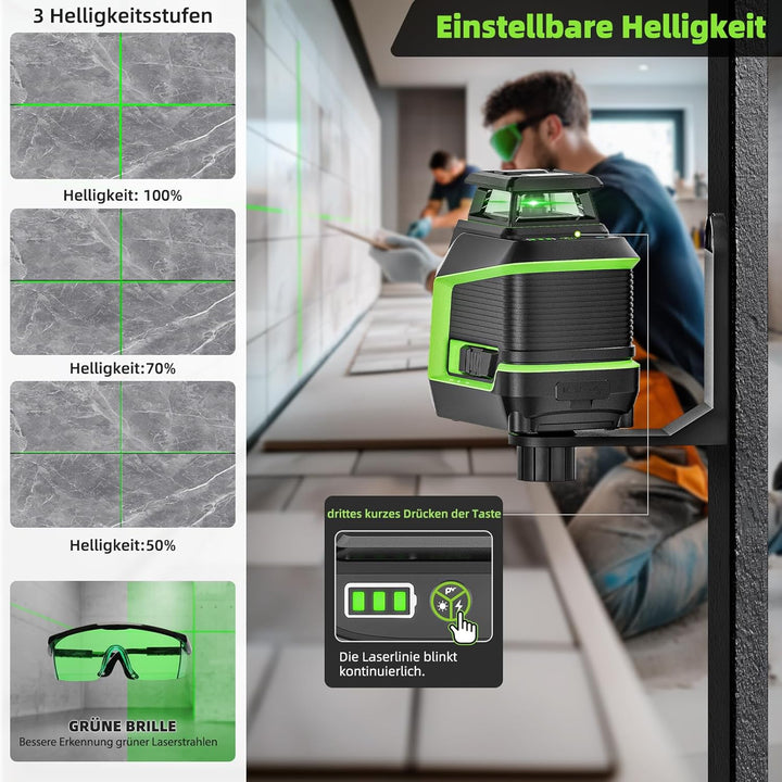 Huepar 360° Laser Wasserwaage mit 152 cm Stativ, Kreuzlinienlaser grün mit Pulsmodus, 3 Helligkeitss