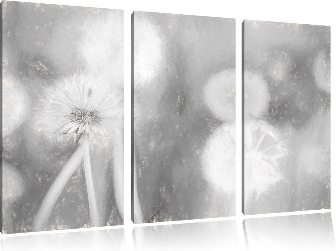 Pixxprint Romantische Pusteblumen Kohle Zeichnung Effekt 3-Teiler Leinwandbild 120x80 Bild auf Leinw