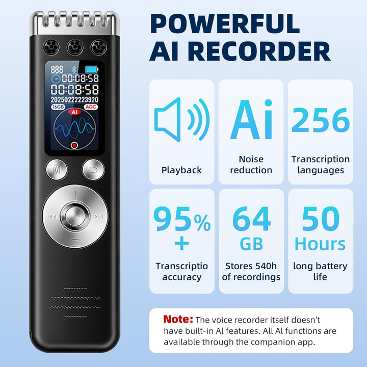 woeaozy 64 GB AI Digitales Diktiergerät - Professionelles tragbares Tonbandgerät mit KI-Transkriptio