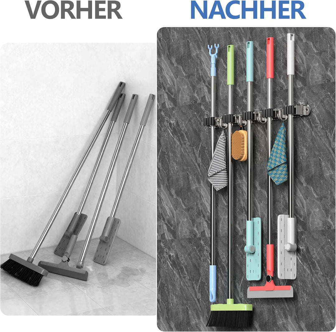 Besenhalter Wandmontage mit 5 Halterungen und 4 Haken mit Nägeln Installation Hauswirtschaftsraum Au