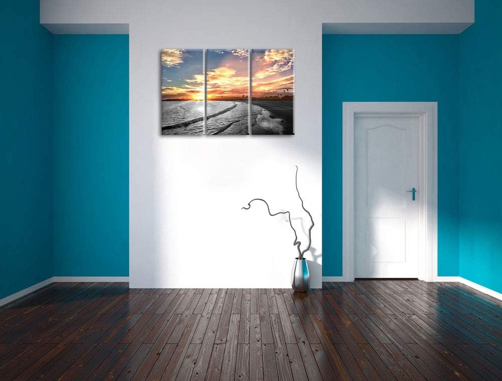 Pixxprint Strand bei Sonnenuntergang als Leinwandbild | Grösse: 3 Teilig (120x80) | Wandbild| Kunstd