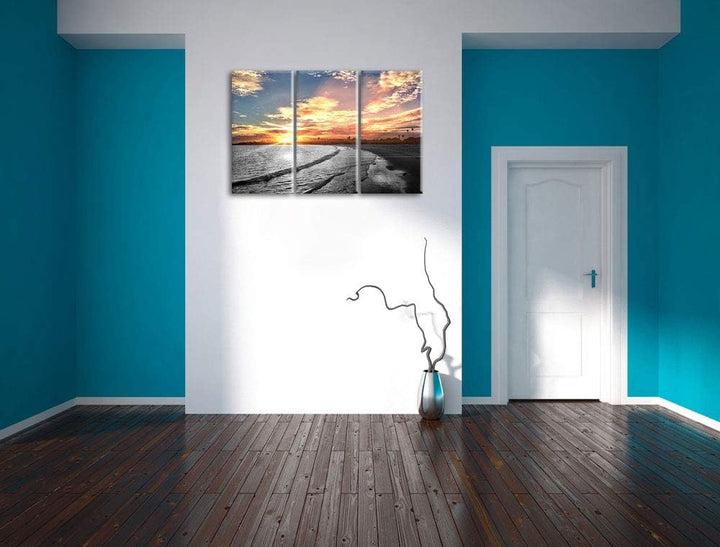 Pixxprint Strand bei Sonnenuntergang als Leinwandbild | Grösse: 3 Teilig (120x80) | Wandbild| Kunstd