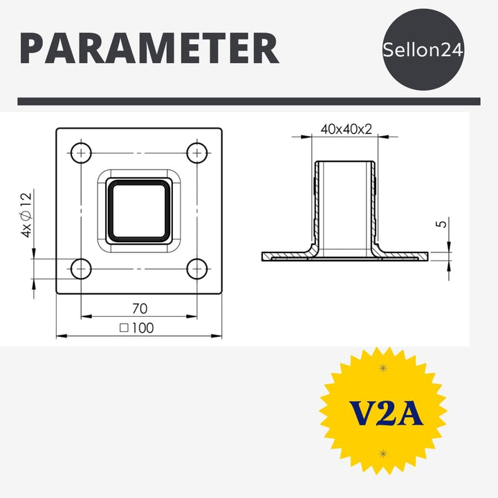 Sellon24® Edelstahl Bodenflansch 100x100 Bodenanker eckig Rohr 40x40 mm Geländer Pfosten V2A geschli