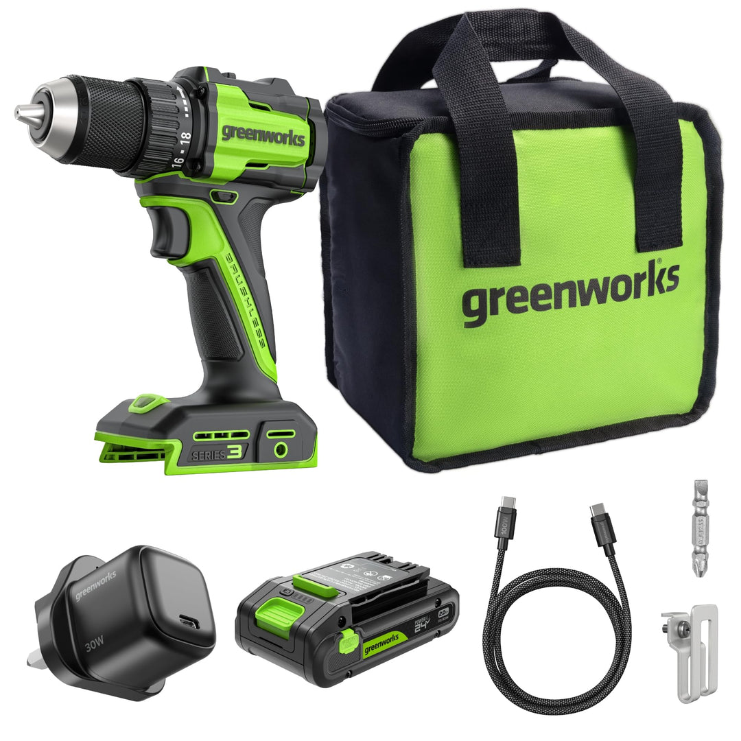 Greenworks 24V Akku-Bohrschrauber Bürstenlos 45 Nm, Leichtgewicht, LED-Licht, 18+1 Drehmomentstufen,