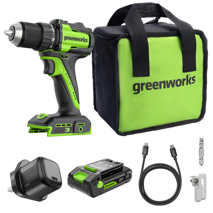 Greenworks 24V Akku-Bohrschrauber Bürstenlos 45 Nm, Leichtgewicht, LED-Licht, 18+1 Drehmomentstufen,