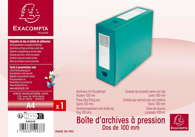 Exacompta 59933E Packung (mit 10 Archivboxen aus PP, mit Druckknopf, Rücken 100mm, DIN A4, mit Rücke