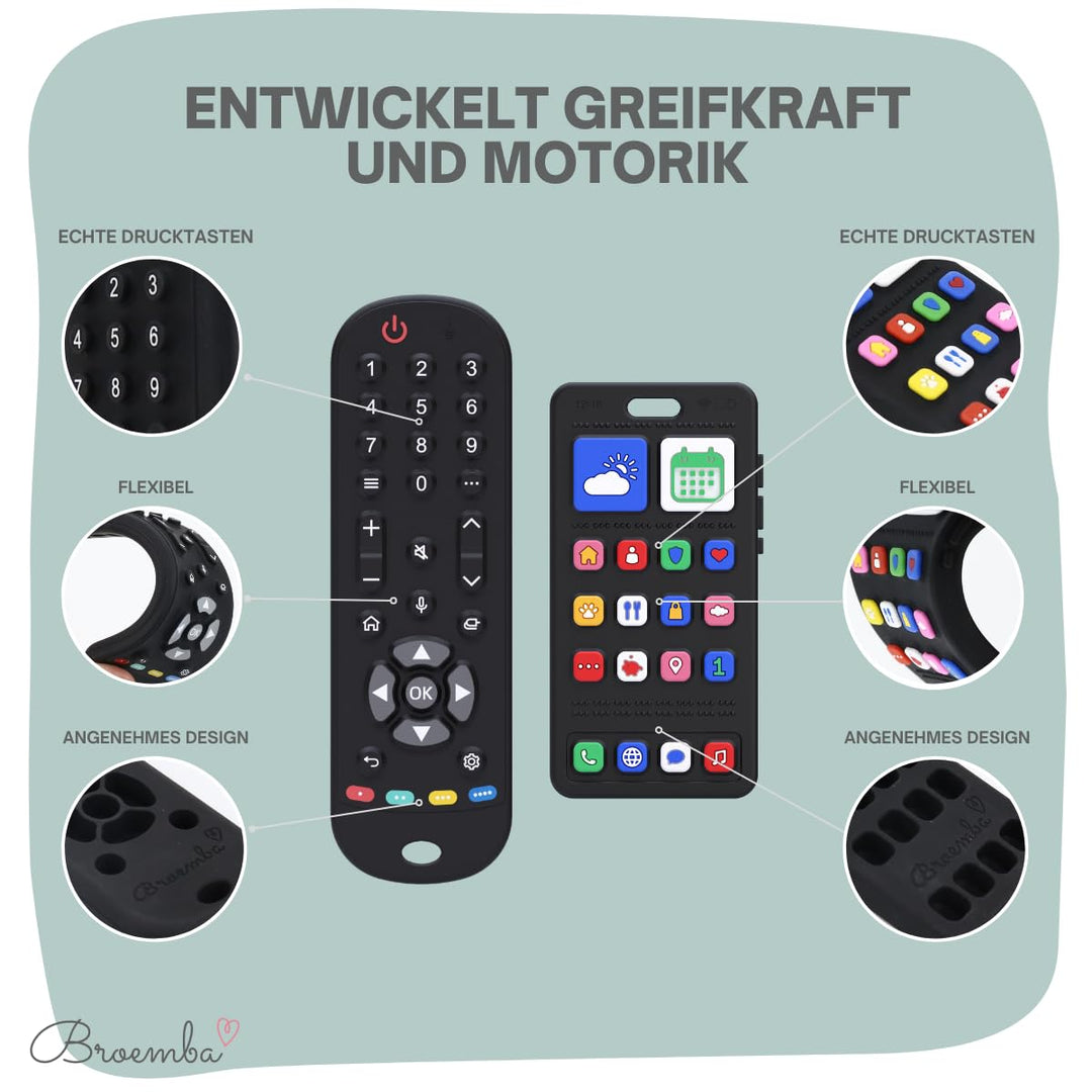 Baby Fernbedienung + Baby Telefon & Beissring - 100% Silikon Beissspielzeug, lebensechtes Spielzeug-