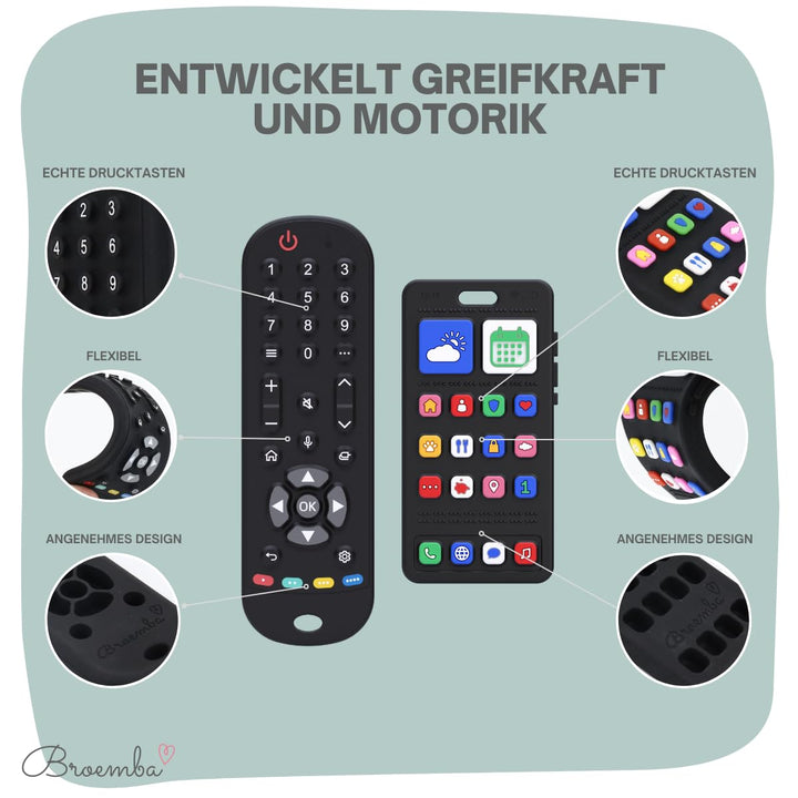 Baby Fernbedienung + Baby Telefon & Beissring - 100% Silikon Beissspielzeug, lebensechtes Spielzeug-