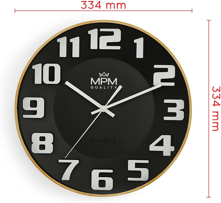 MPM Quality Design Wanduhr, 3D-Ziffern, Quarz-Uhrwerk Sweep, Schwarz/Weiss, Modern, Kunststoff und M