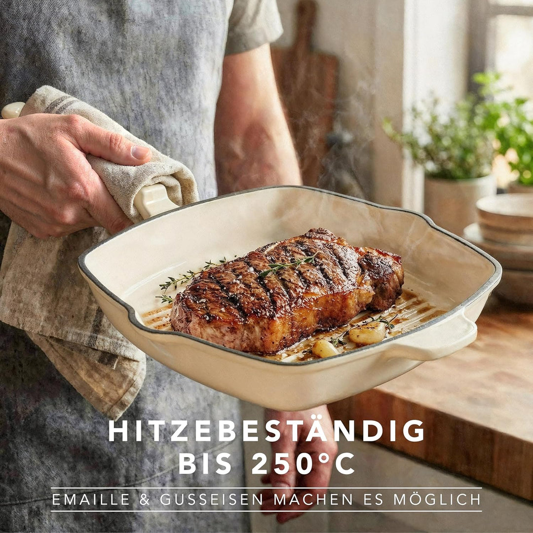 Römertopf Gusseisen Grillpfanne eckig 24 cm – Steakpfanne Emaille-Beschichtung, alle Herdarten inkl.