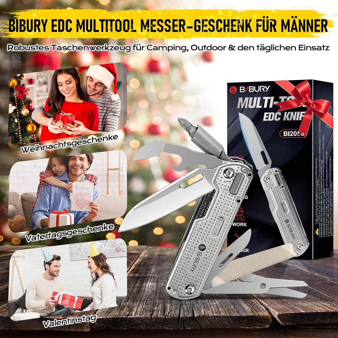 BIBURY Geschenke für Männer, Multitool EDC Taschenmesser, Survival Messer Edelstahl, Messer Outdoor,
