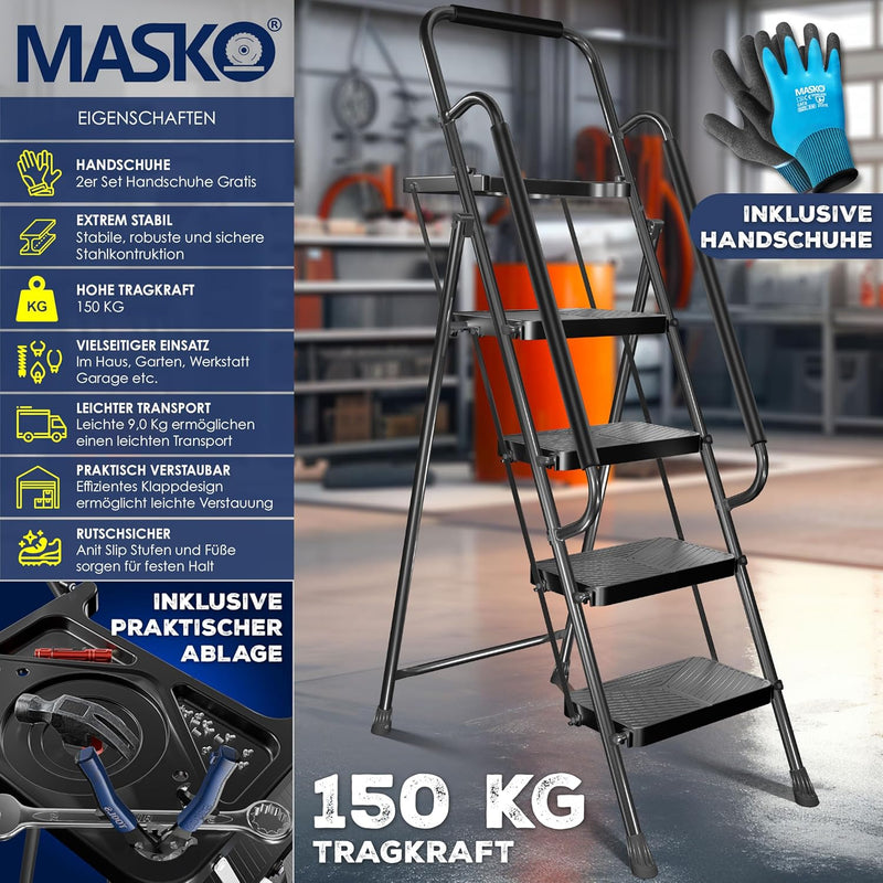 MASKO® Trittleiter Klappleiter 4 Stufen-Leiter mit Handläufen Stufenleiter belastbar bis 150 kg Trit