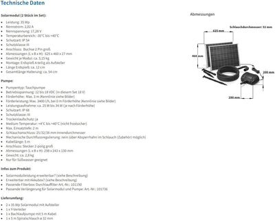 Solar Bachlaufset 70W Solarmodul 3400 l/h Förderleistung 3m Förderhöhe inkl. 5m Schlauch 32mm Bachla