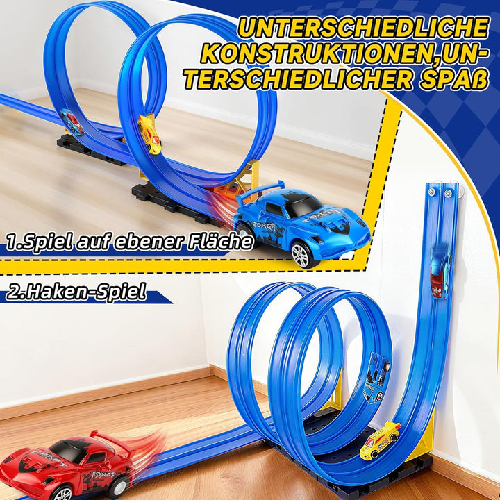 Charmofun Autorennbahn für Kinder 5M, Flexible Rennbahn Kinder mit 4 Autos, Aufbewahrungstasche, Kat