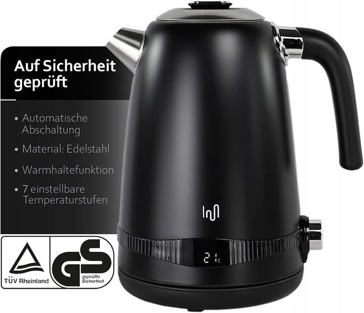 Impolio Retro Wasserkocher 1,7 L, LCD Display und Temperaturauswahl, TÜV Rheinland GS Zertifiziert,