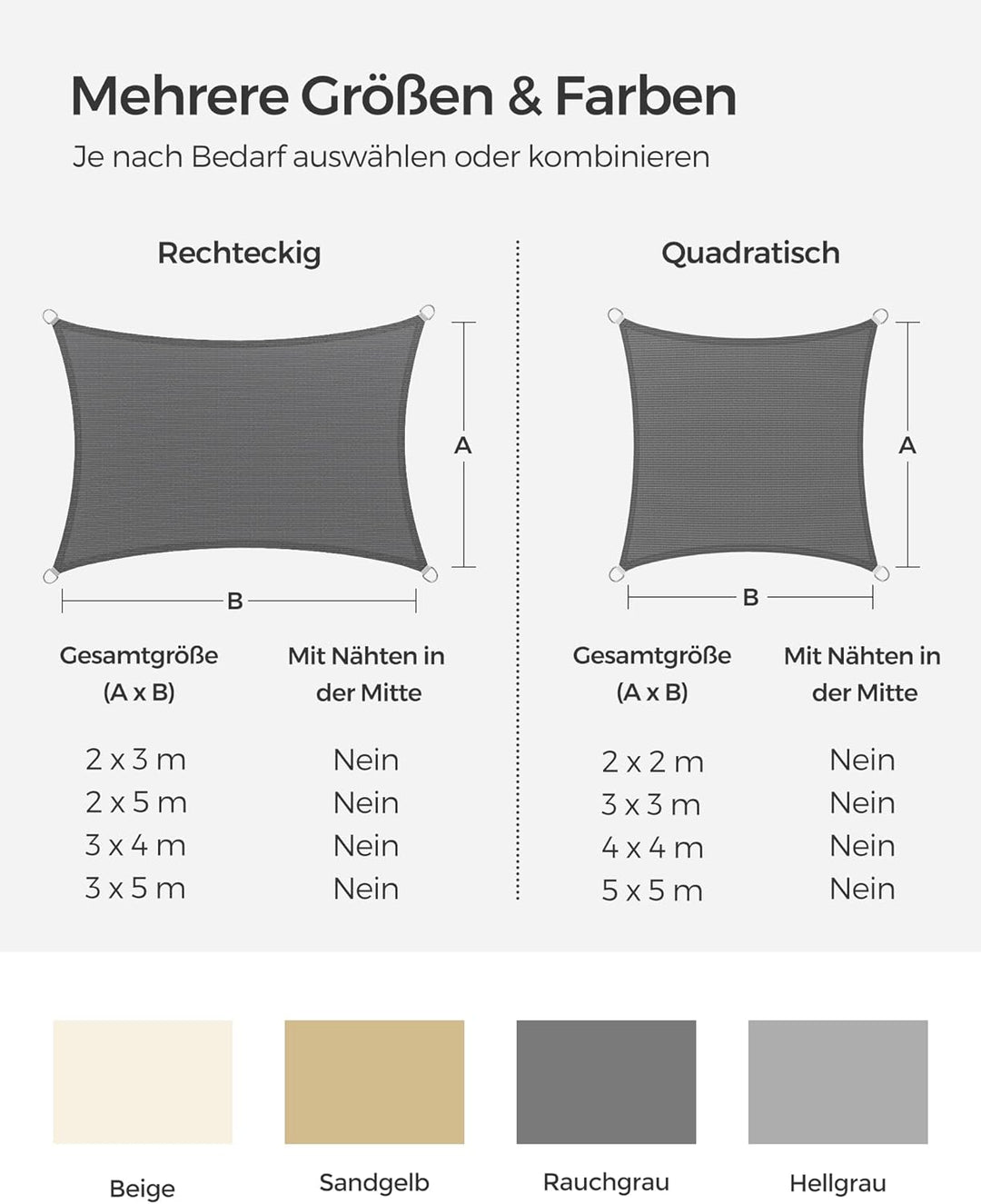 SONGMICS Sonnensegel 2 x 3 m, Sonnenschutz aus HDPE-Gewebe, luftdurchlässig, wasserdurchlässig, für