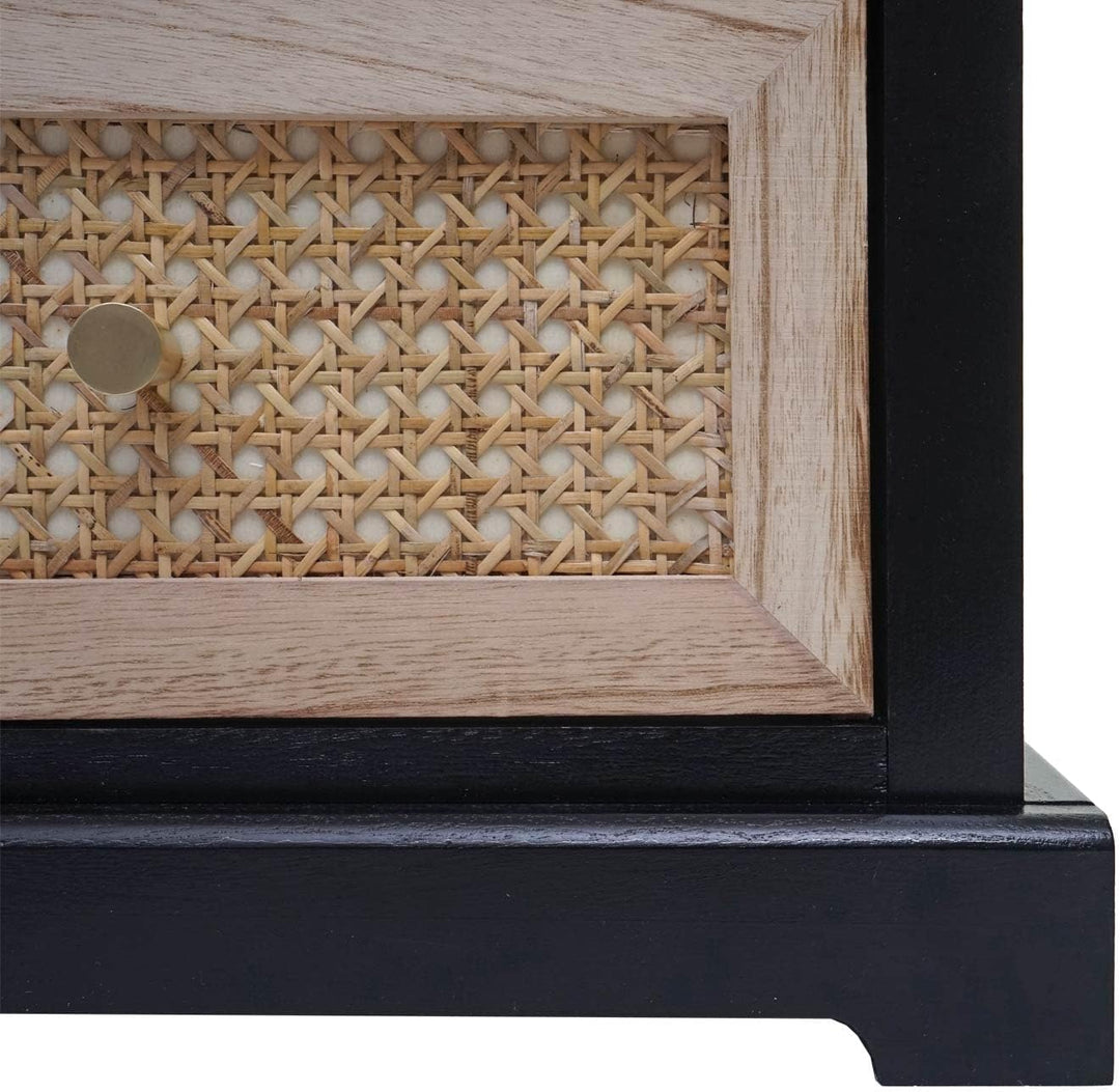 Mendler Kommode HWC-K87, Schubladenschrank Schrank, Holz Rattan 63x40x28cm - schwarz, naturfarben, S