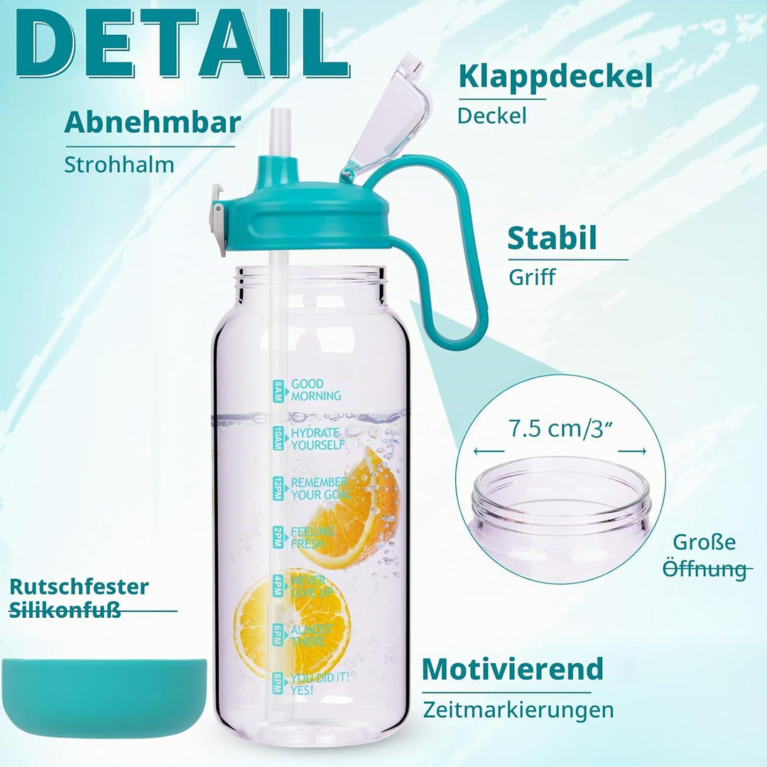 DEARRAY 2l Trinkflasche Glas mit Strohhalm &amp; Zeitmarkierung 2 liter Grosse Motivation Glasflasche mi