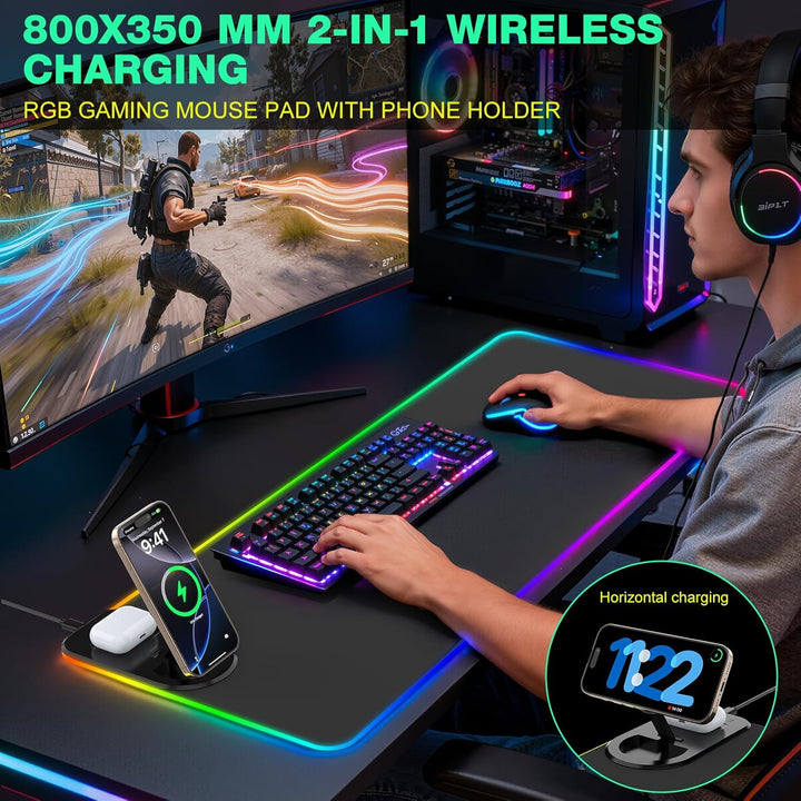 RGB Gaming Mauspad 15W Qi Mousepad LED 800x350x4mm 10 Beleuchtungsmodi mit 10W Schnellladung Qi Kabe