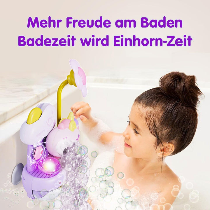 Schaum-Einhorn mit Babydusche, Badespielzeug mit Seifenblasen, Badewannenspielzeug, Baby Wasserspiel