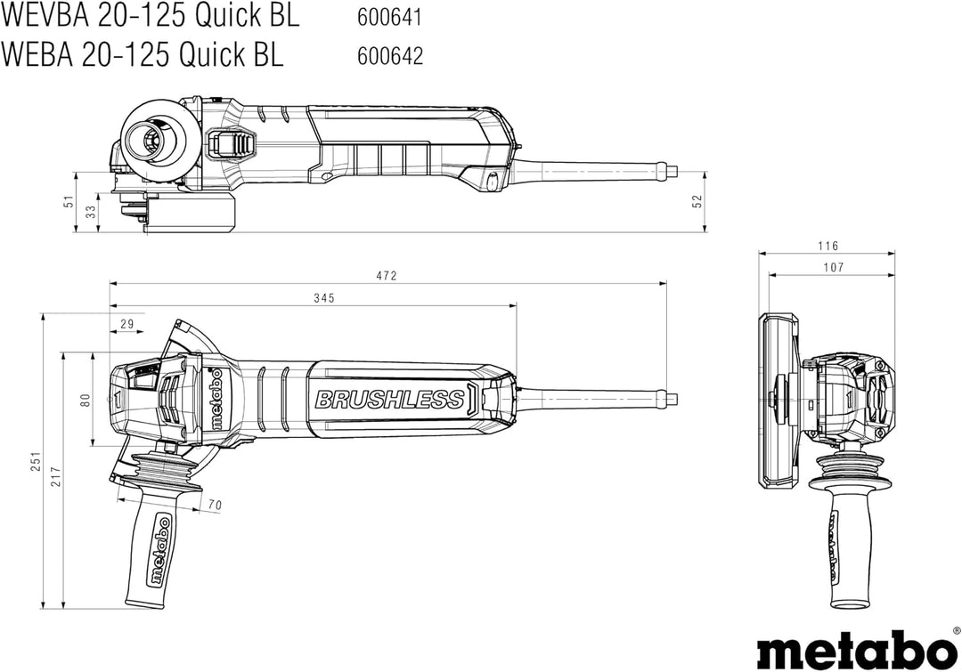 metabo Winkelschleifer WEVBA 20-125 Quick BL, 2000 W Brushless | Bürstenloser Motor, 125 mm Scheiben