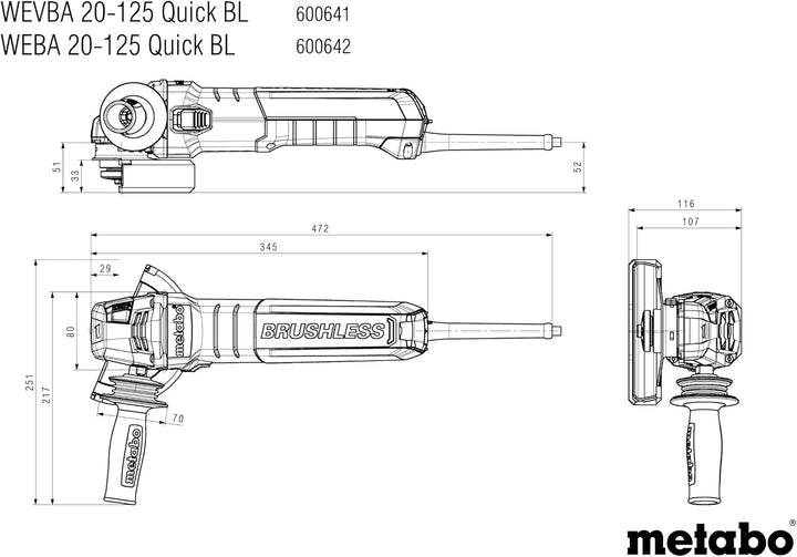metabo Winkelschleifer WEVBA 20-125 Quick BL, 2000 W Brushless | Bürstenloser Motor, 125 mm Scheiben