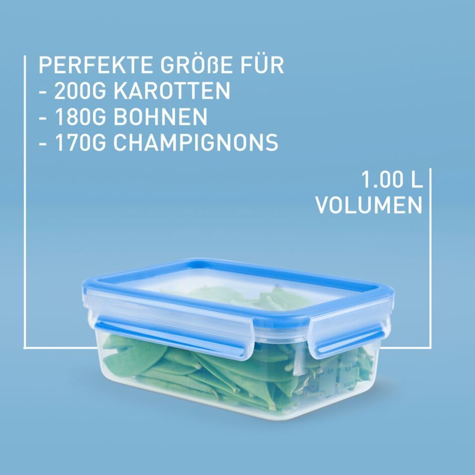 EMSA Clip & Close Frischhaltedosen-Set, rechteckig, 3 x 1 L, mit Deckel, Aufbewahrungsboxen, 100 Pro