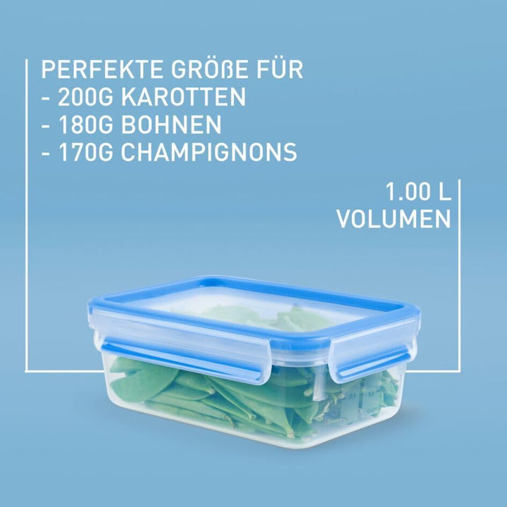 EMSA Clip & Close Frischhaltedosen-Set, rechteckig, 3 x 1 L, mit Deckel, Aufbewahrungsboxen, 100 Pro