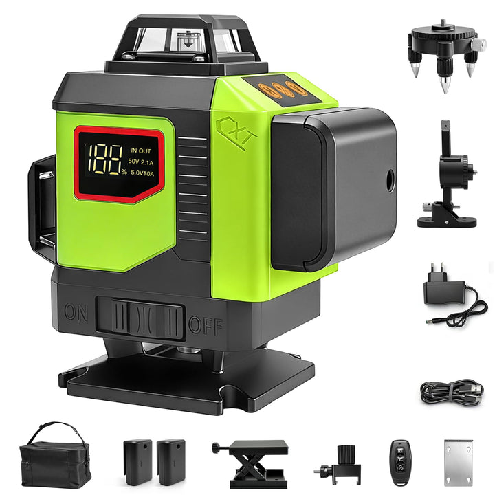 4D 16-Linien Laser-Nivelliergerät, 4×360° Selbstnivellierend mit digitaler Batterieanzeige, Grüner L