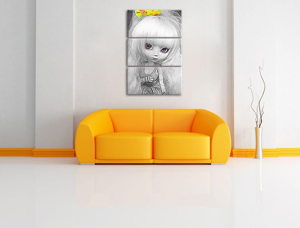 hübsches Pullip-Püppchen im 70er-Jahre-Stil schwarz/weiss Spezial 3-Teiler Leinwandbild 120x80 Bild