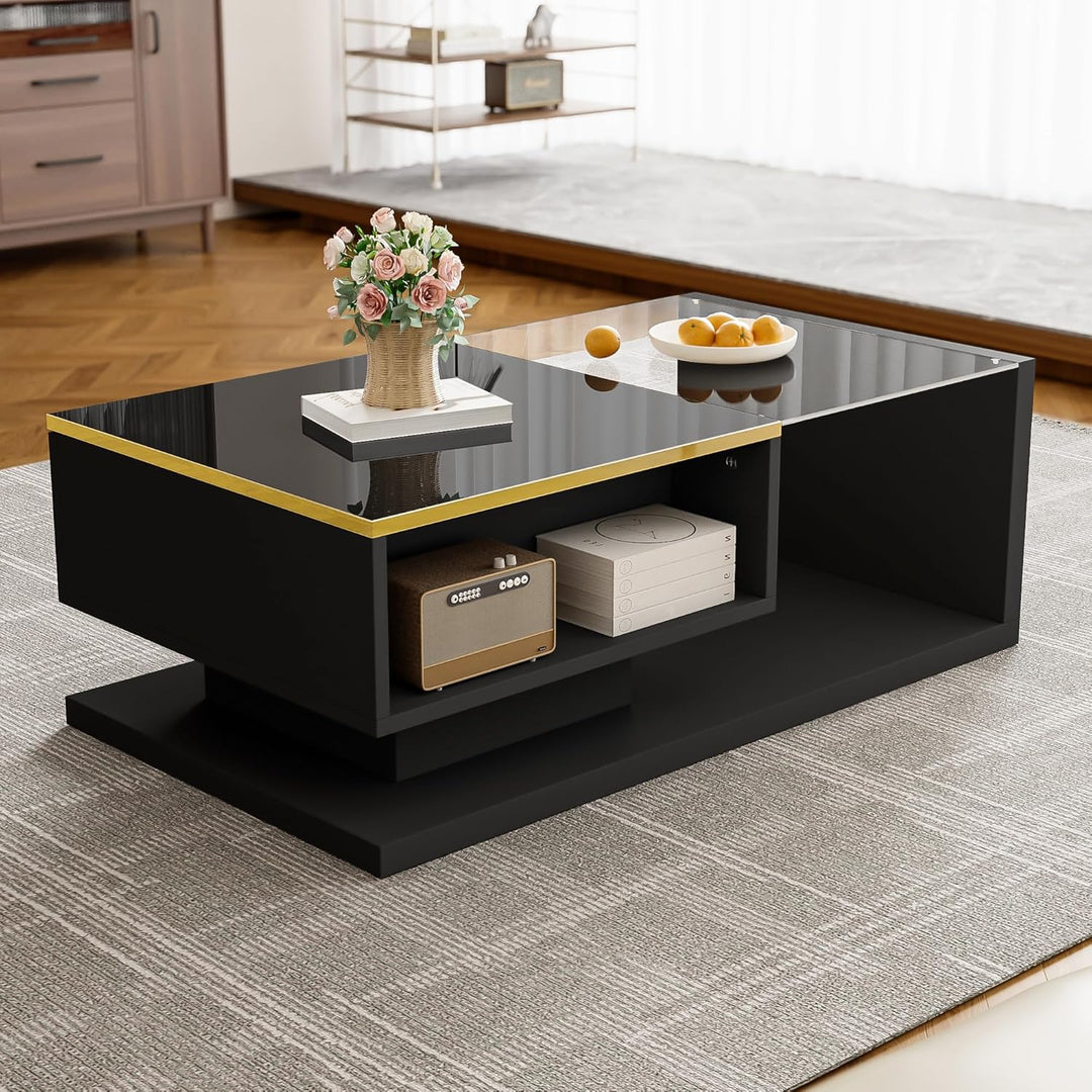 Merax Moderner LED Couchtisch, Wohnzimmertisch mit Stauraum, Hochglanz-Schwarz Beistelltische, Couch