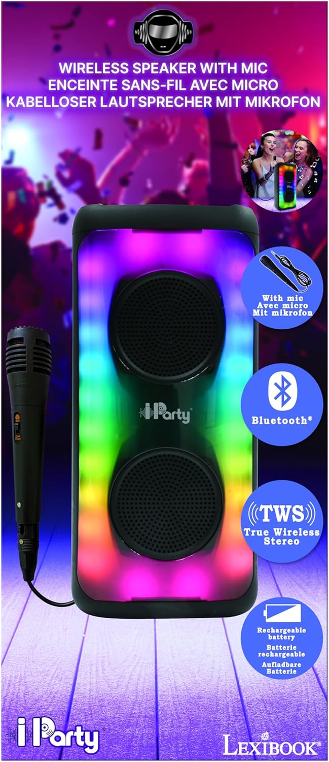 Lexibook iParty®, Tragbarer Bluetooth®-Lautsprecher mit Mikrofon, Leistungsstarker Klang, Mehrfarbig