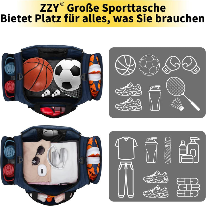 ZZY 55L Sporttasche Herren mit 2 Seitentaschen grosse Reisetasche für Fitness, Training und Reisen 5