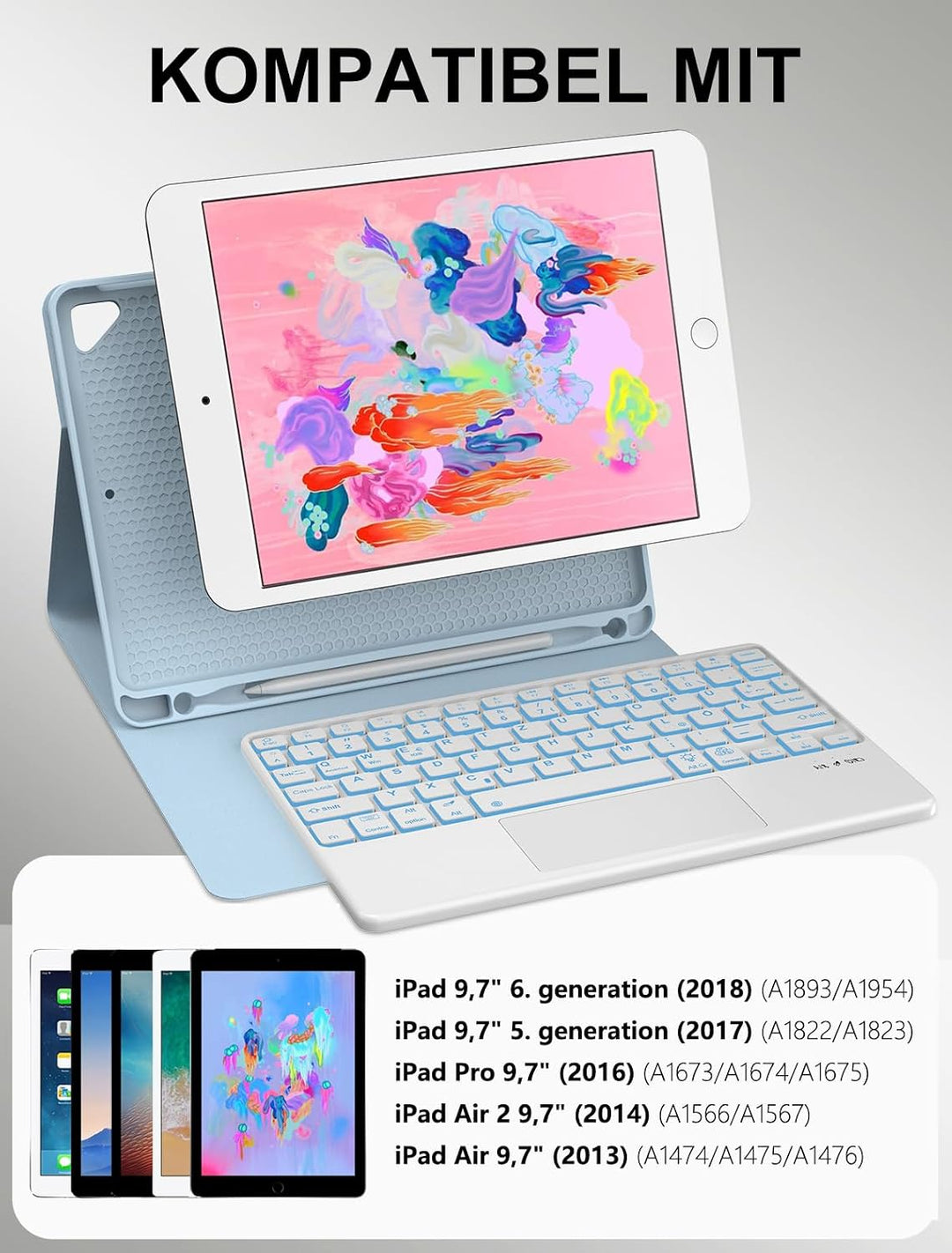 JADEMALL Für iPad 9,7" Hülle mit Tastatur & Touchpad – 7-Farb LED, Deutsch QWERTZ, Bluetooth 5.0 für