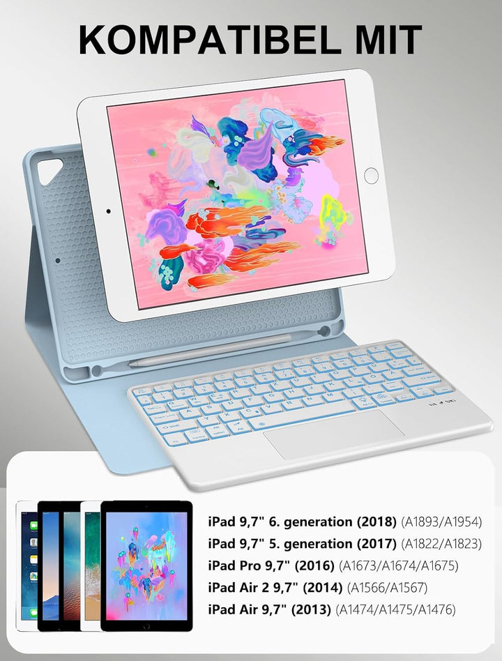 JADEMALL Für iPad 9,7" Hülle mit Tastatur & Touchpad – 7-Farb LED, Deutsch QWERTZ, Bluetooth 5.0 für