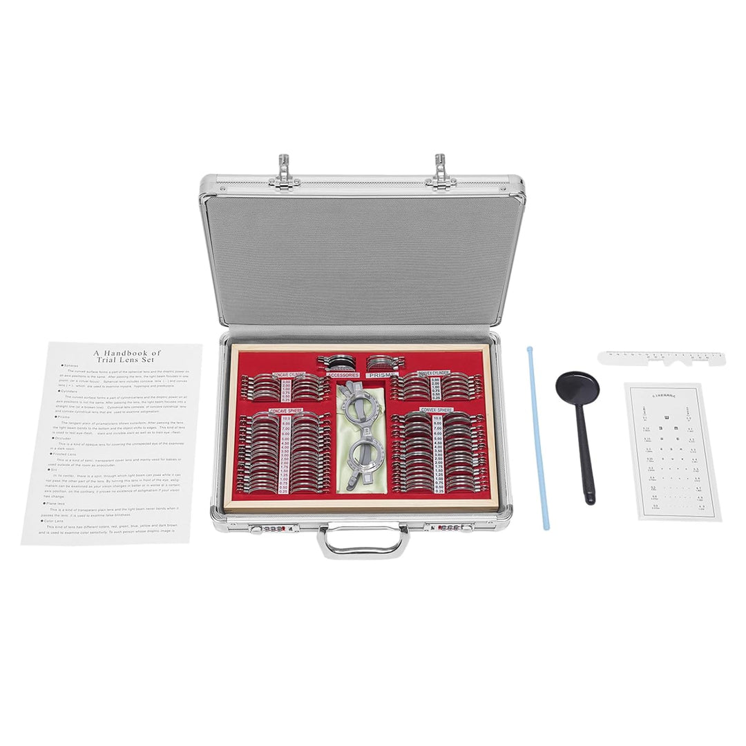 Set mit 104 Optometrie-Testlinsen aus Metall, mit Optometrie-Testrahmen mit kostenlosem Zubehör + Ge