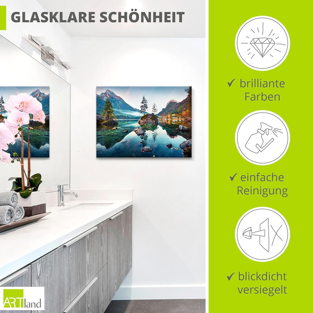Glasbilder Wandbild Glas Bild einteilig 80x60 cm Querformat Landschaft Alpen Berge See Wald Natur Ge