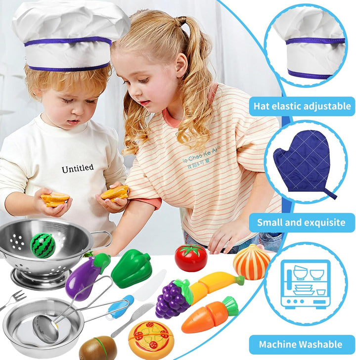 Kinderküche Zubehör 32 Stück Kinderküche Spielküche Zubehör,Lebensmittel Edelstahl Kochset Kinderspi