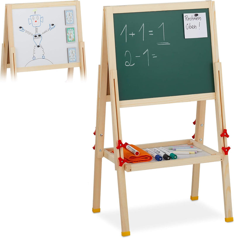 Relaxdays Standtafel Kinder, höhenverstellbar & magnetisch, Holz, Whiteboard & Kreidetafel, 81-104 x