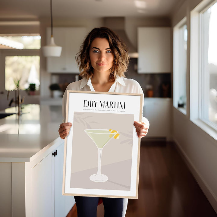 JUNOMI® Dry Martini Poster DIN A2, Cocktail, Longdrink, Bar, Getränke, Cocktail Set | Mit Rahmen Nat