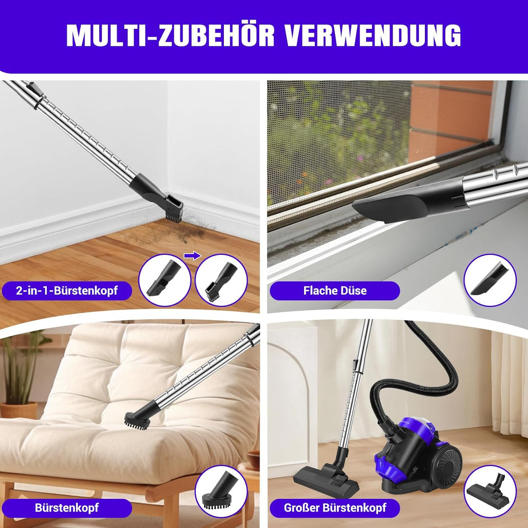 Staubsauger für Tierhaare 1500W - Zylinder Staubsauger ohne Beutel mit 5m Teleskoprohr für alle Böde