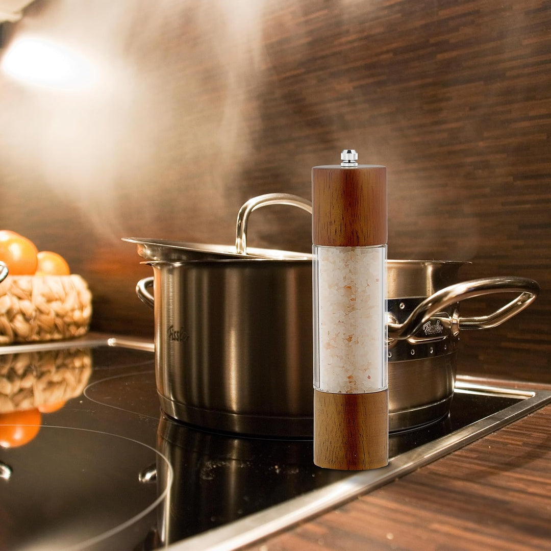 Relaxdays Salz-und Pfeffermühle 2er Set, Untersetzer, Keramikmahlwerk, Holz & Acryl, manuelle Mühlen