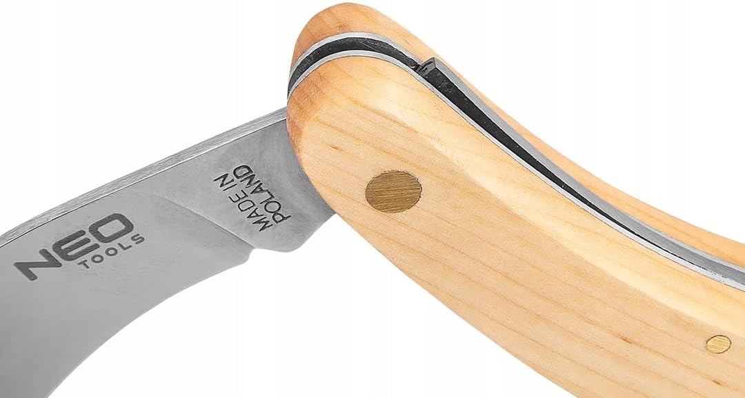 NEO TOOLS Montage-Sichelmesser, Holzschalen, klappbarer Körper | Klingenlänge 80 mm, Klinge aus rost