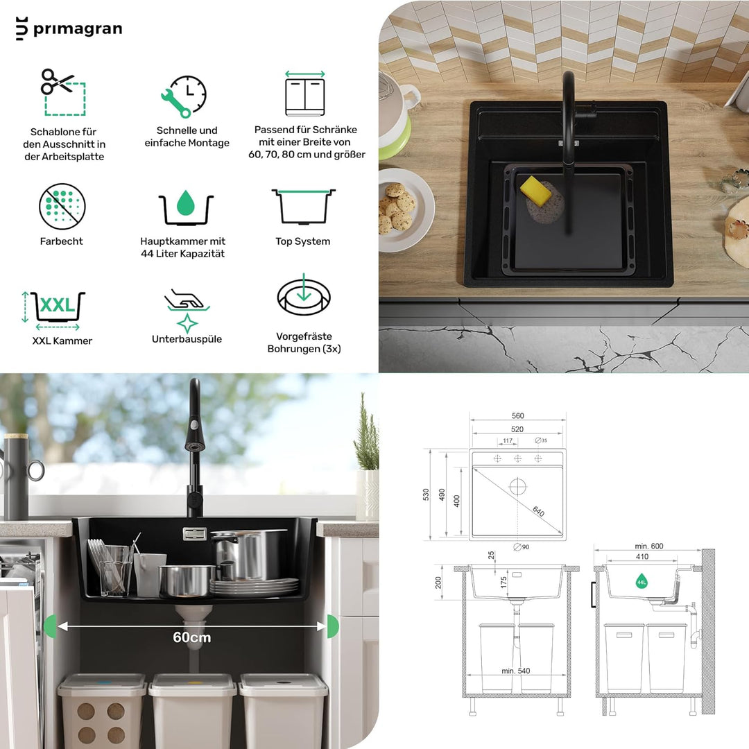PRIMAGRAN Granitspüle Schwarz 56x53cm, Eckspüle 1 Becken + Ablauf-Set + Küchenarmatur 32x20cm, Küche