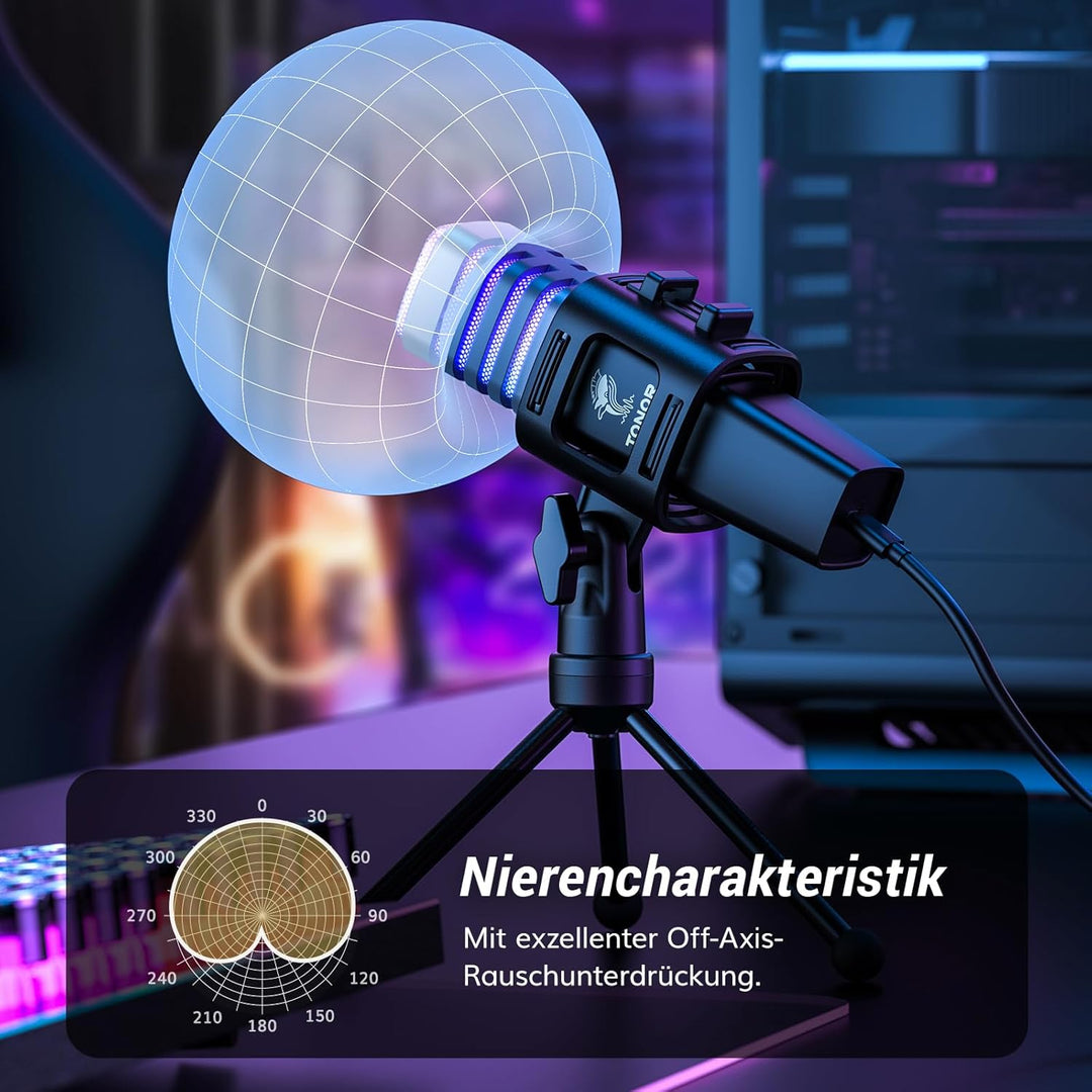 TONOR Gaming USB Mikrofon PC RGB Microphone Streaming Podcast Studio Nierencharakteristik Kondensato