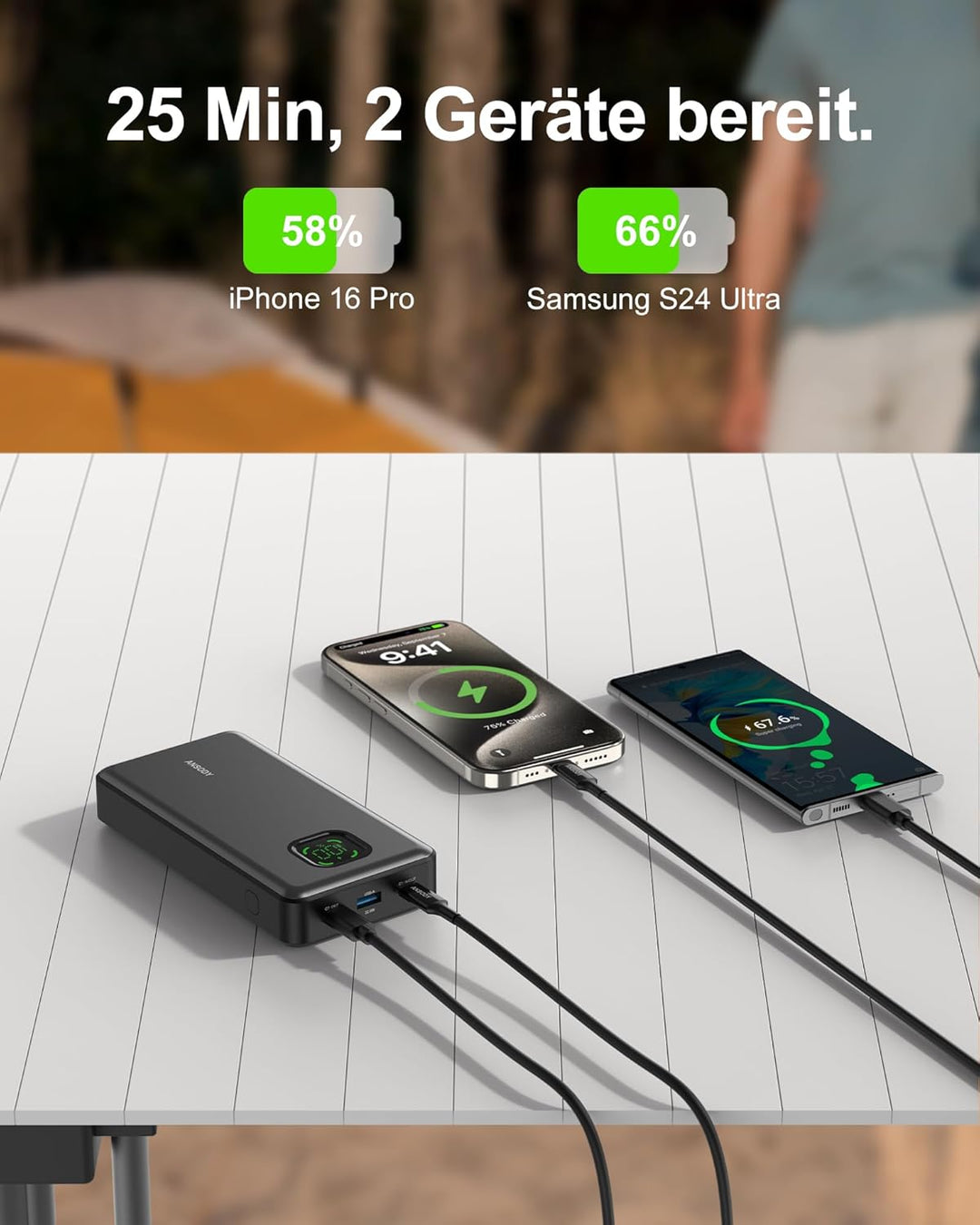 Power Bank 65W 25000mAh Powerbank Laptop Klein Aber Stark, 100W Max Externe Handyakkus LED Display U