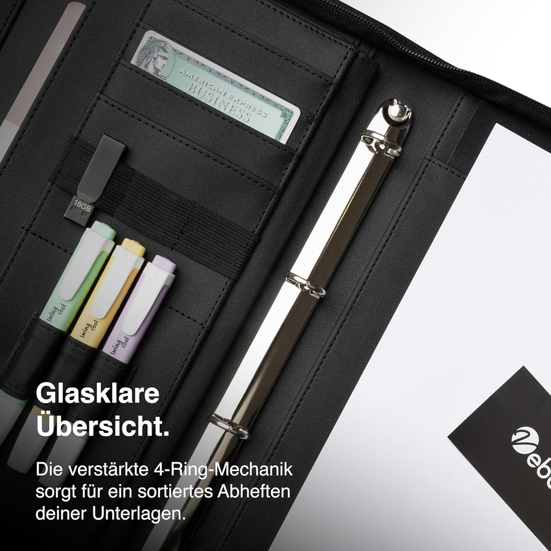 Vebon® Schreibmappe Ringbuch A4 Berlin I Reissverschluss + Klemmbrett I Konferenzmappe + Laptoptasch