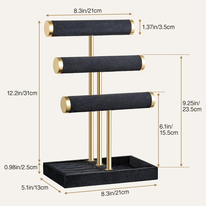 Schmuck Organizer mit 3 Ebenen - Schwarz Schmuckständer Armbänder, Abnehmbarer T-Steg Schmuck Stände