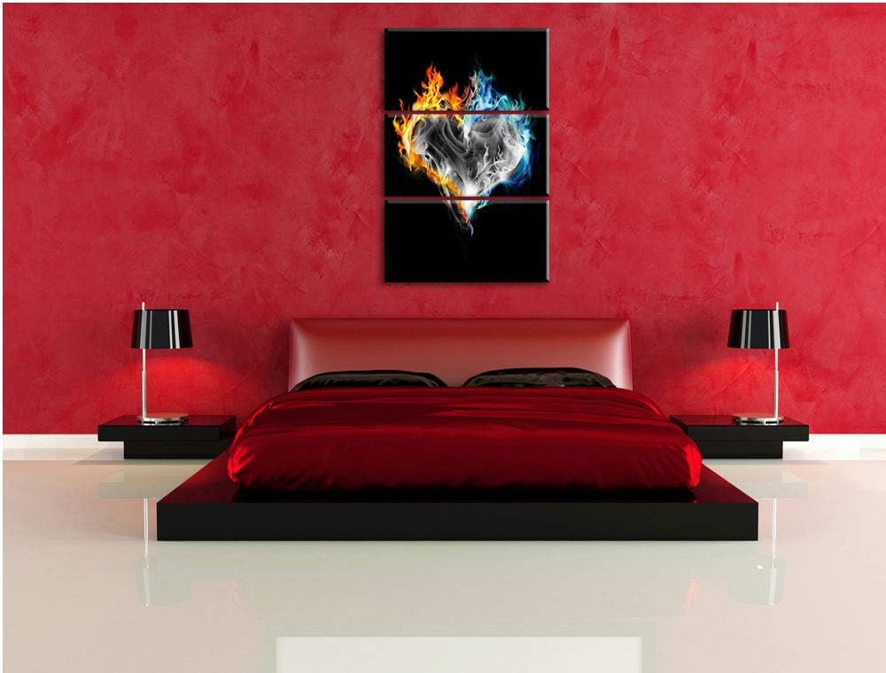 Dark brennendes Herz aus Feuer und Wasser schwarz/weiss 3-Teiler Leinwandbild 120x80 Bild auf Leinwa